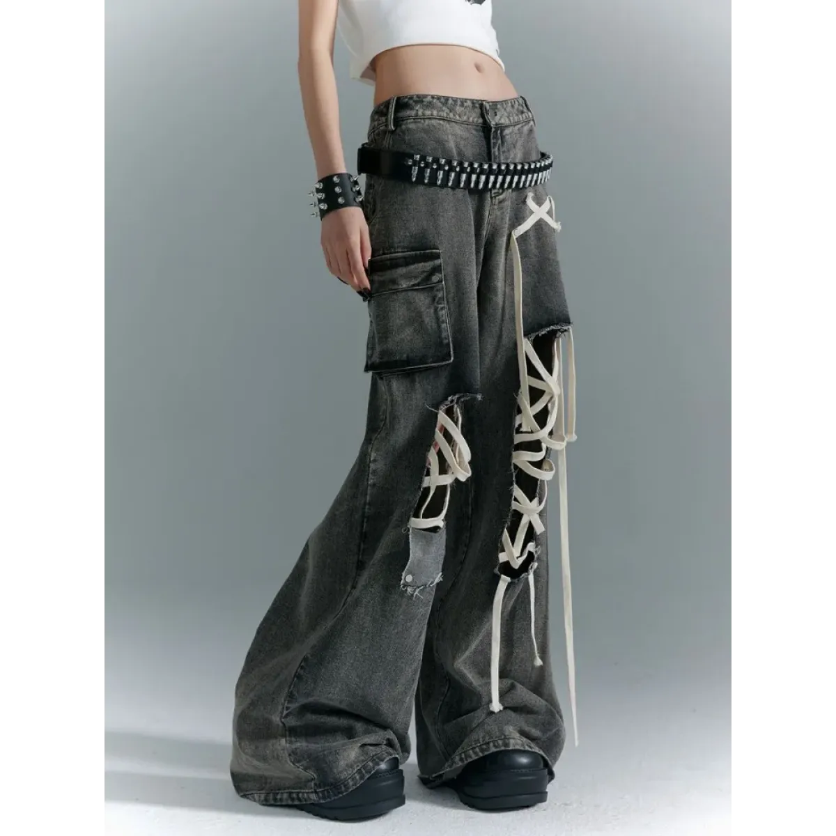 Y2K Lace-Up Cargo Wide Leg Jeans - Bottoms - Jeans - 1