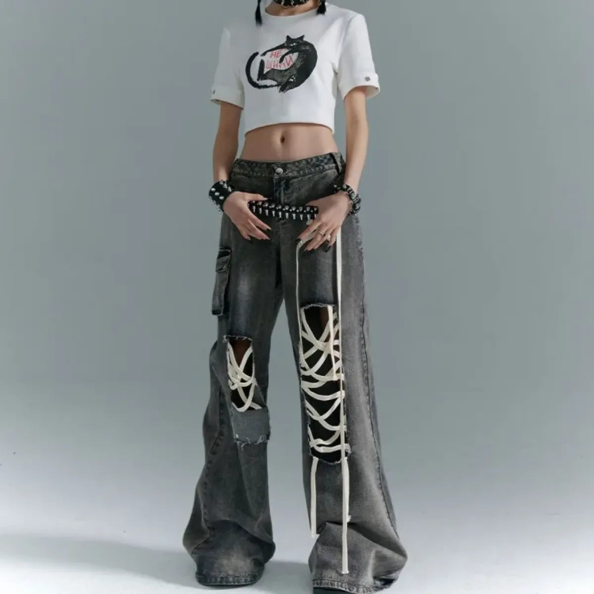 Y2K Lace-Up Cargo Wide Leg Jeans - Bottoms - Jeans - 3