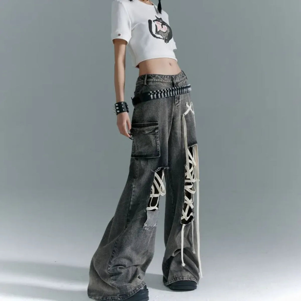 Y2K Lace-Up Cargo Wide Leg Jeans - Bottoms - Jeans - 4