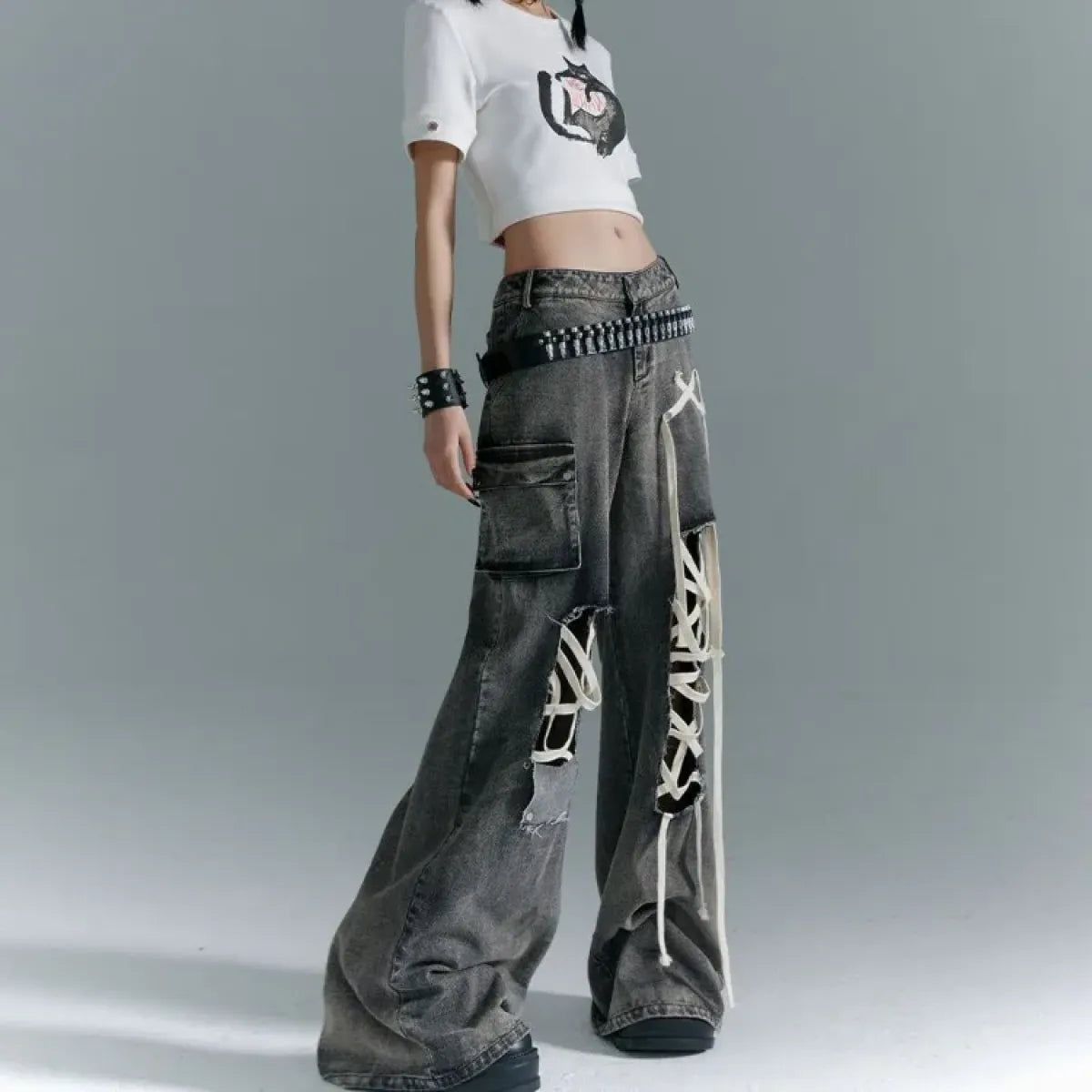 Y2K Lace-Up Cargo Wide Leg Jeans - Bottoms - Jeans - 4