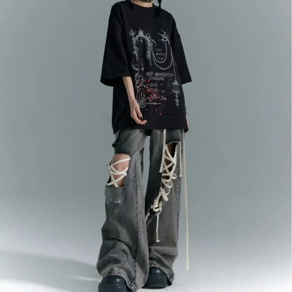 Y2K Lace-Up Cargo Wide Leg Jeans - Bottoms - Jeans - 5