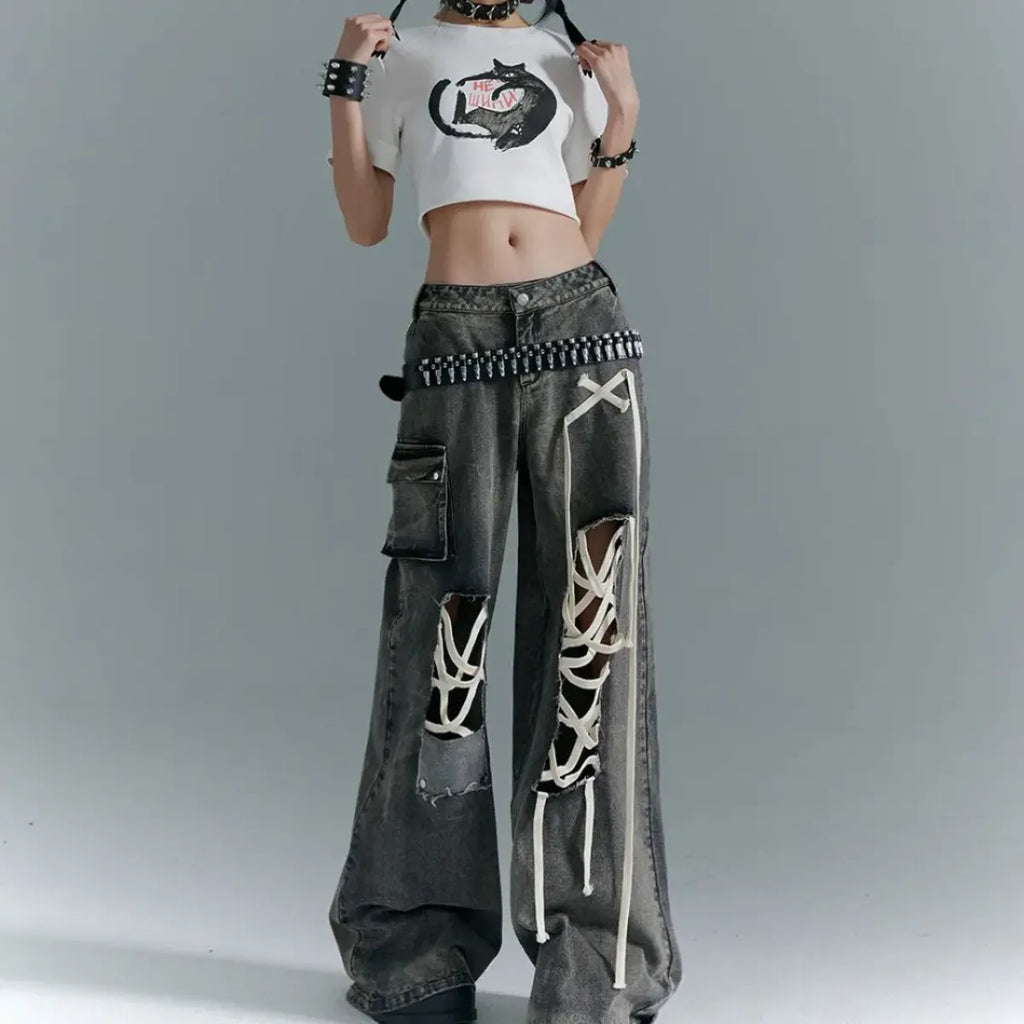 Y2K Lace-Up Cargo Wide Leg Jeans - Bottoms - Jeans - 6