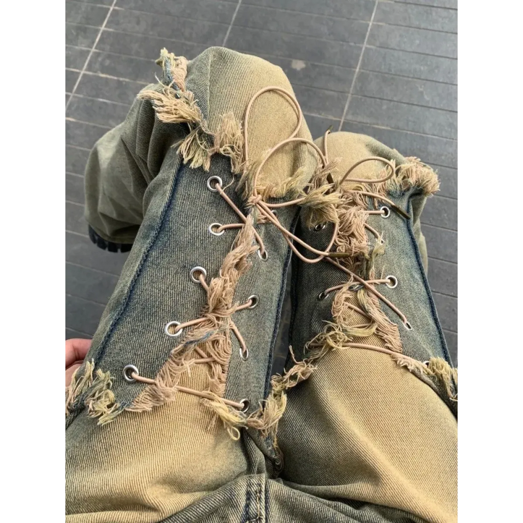Y2K Lace-Up Frayed Wide Leg Jeans - Bottoms - Jeans - 1