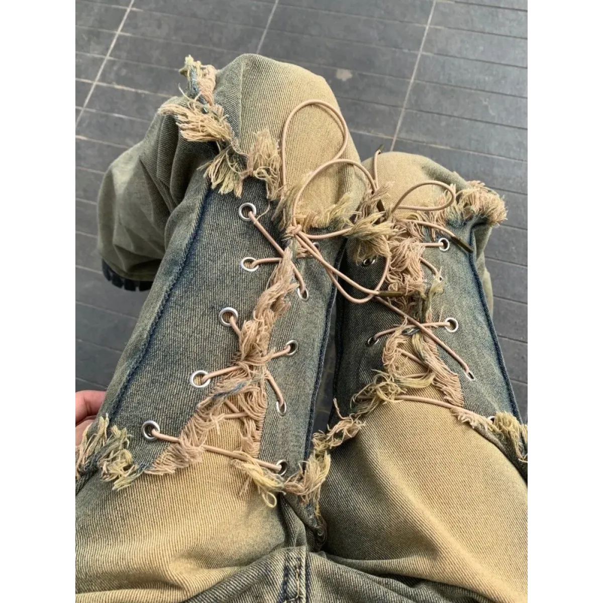 Y2K Lace-Up Frayed Wide Leg Jeans - Bottoms - Jeans - 1