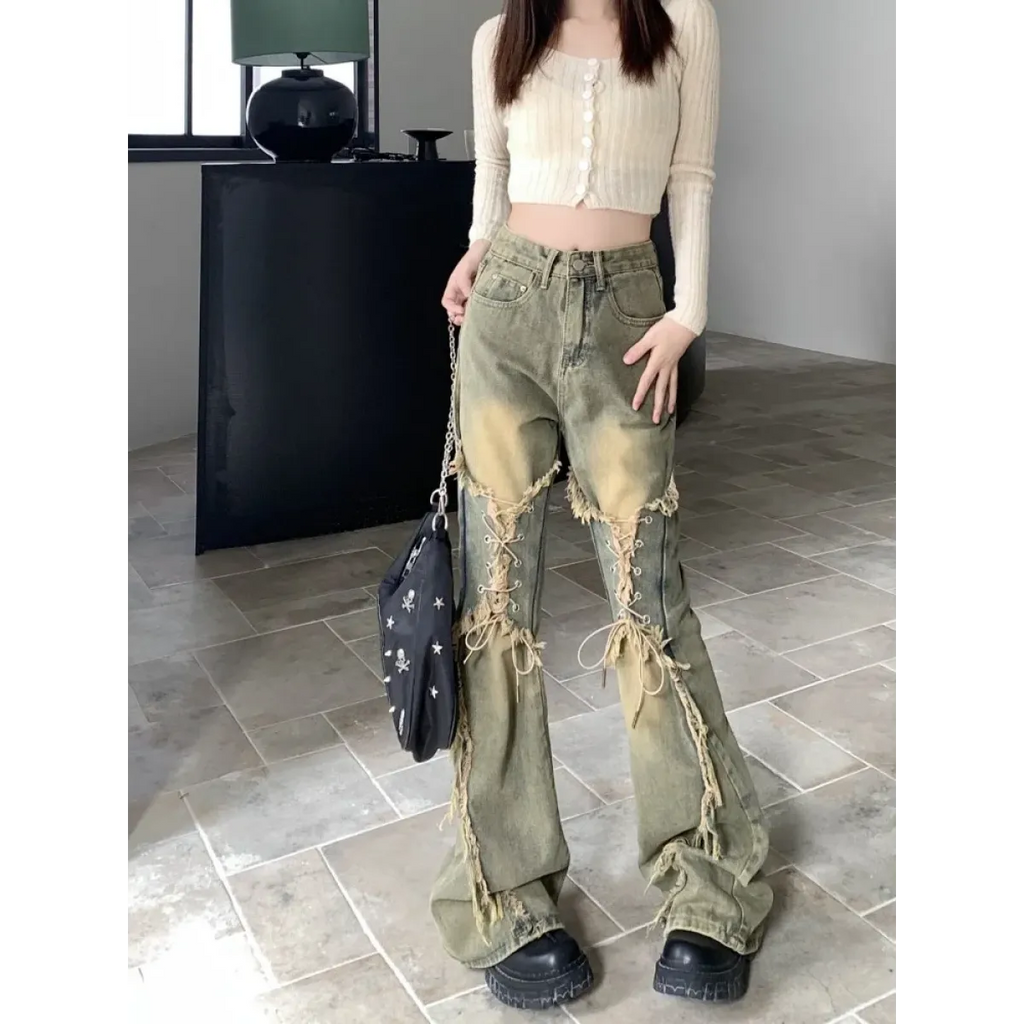 Y2K Lace-Up Frayed Wide Leg Jeans - Bottoms - Jeans - 3