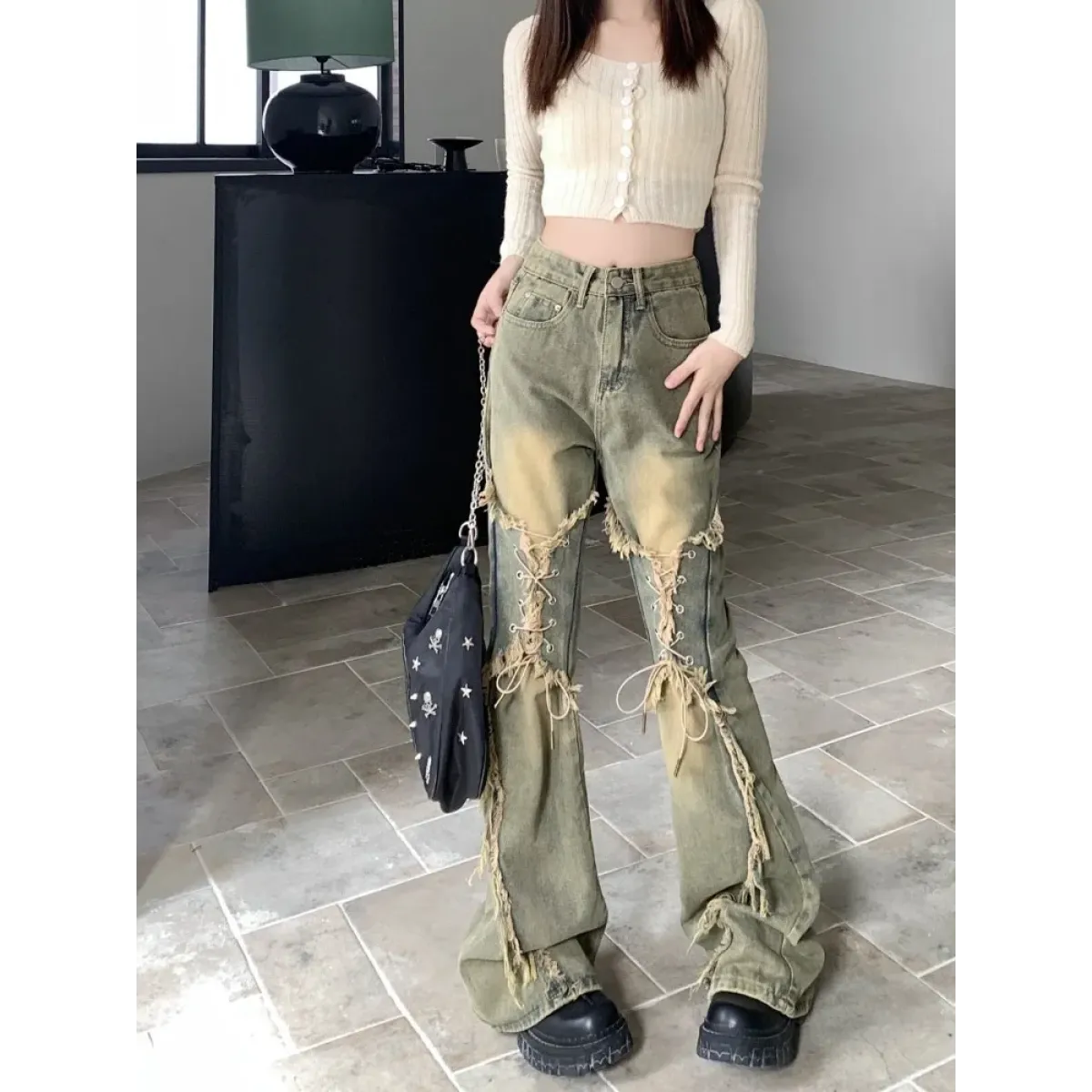 Y2K Lace-Up Frayed Wide Leg Jeans - Bottoms - Jeans - 3