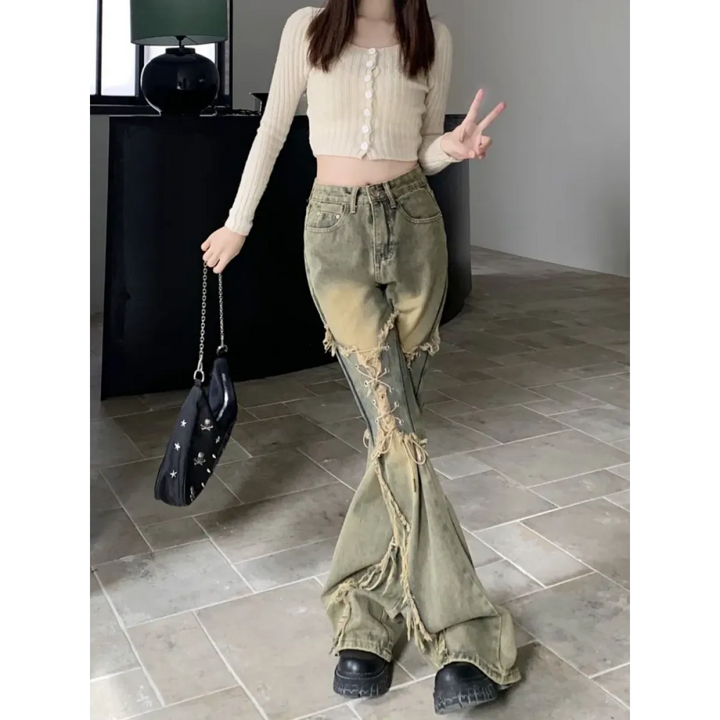 Y2K Lace-Up Frayed Wide Leg Jeans - Bottoms - Jeans - 4