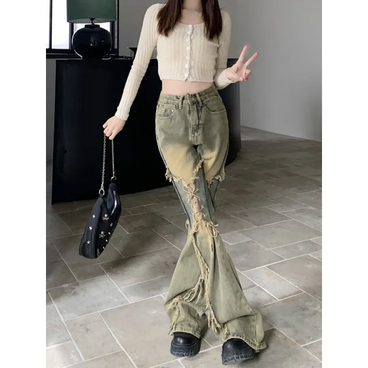 Y2K Lace-Up Frayed Wide Leg Jeans - Bottoms - Jeans - 4