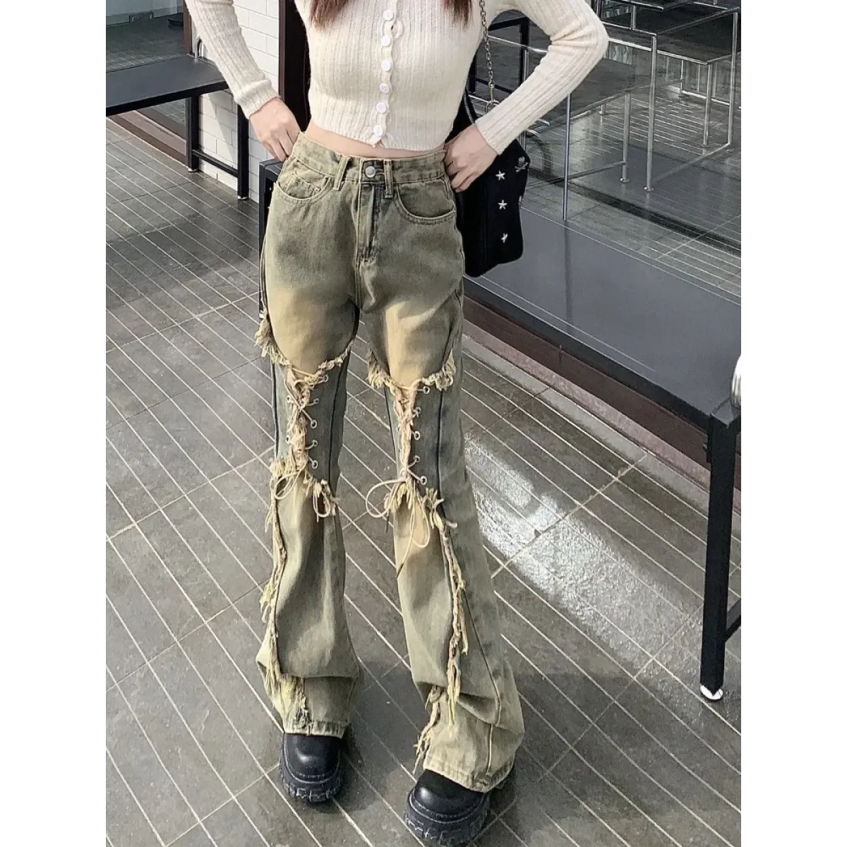 Y2K Lace-Up Frayed Wide Leg Jeans - Bottoms - Jeans - 5