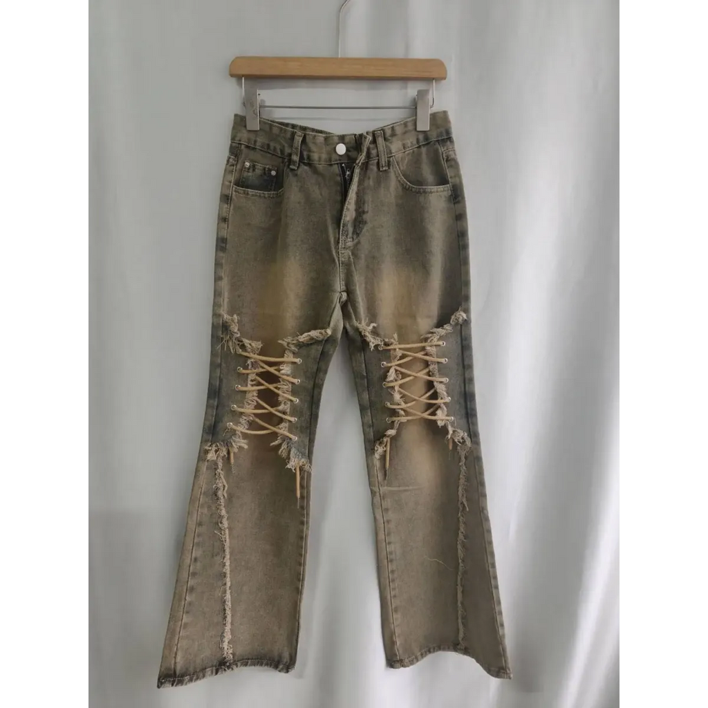 Y2K Lace-Up Frayed Wide Leg Jeans - Bottoms - Jeans - 6