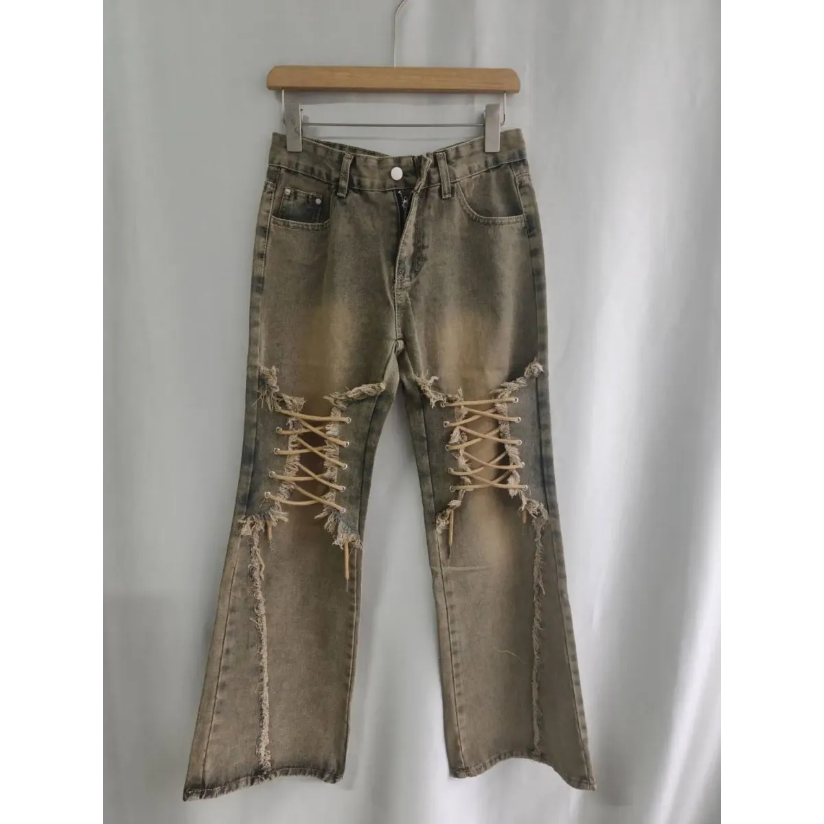 Y2K Lace-Up Frayed Wide Leg Jeans - Bottoms - Jeans - 6