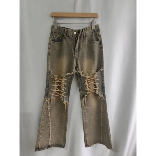 Y2K Lace-Up Frayed Wide Leg Jeans - Bottoms - Jeans - 6