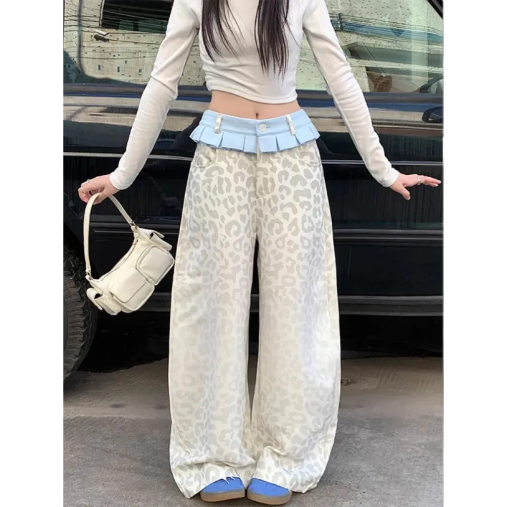 Y2K Leopard Patchwork Wide Leg Pants - Bottoms - Pants - 2