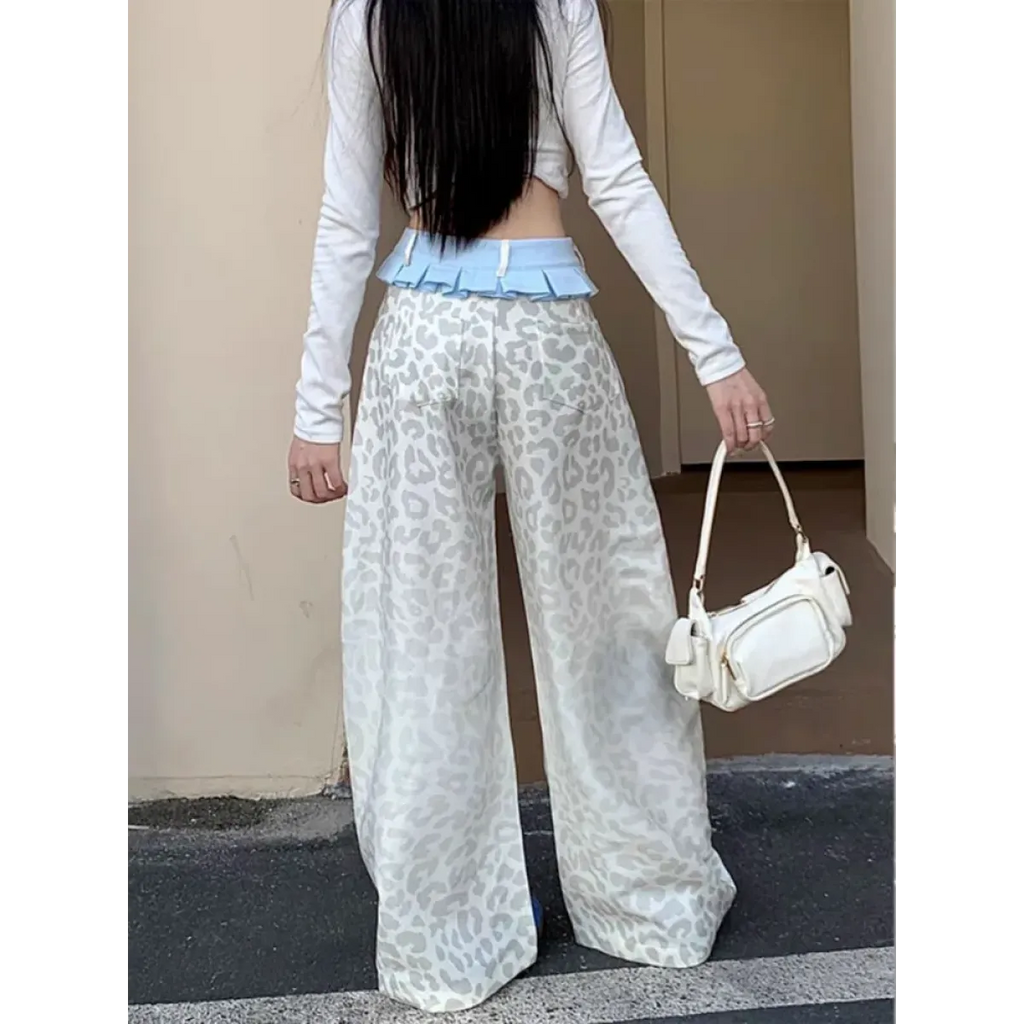 Y2K Leopard Patchwork Wide Leg Pants - Bottoms - Pants - 4