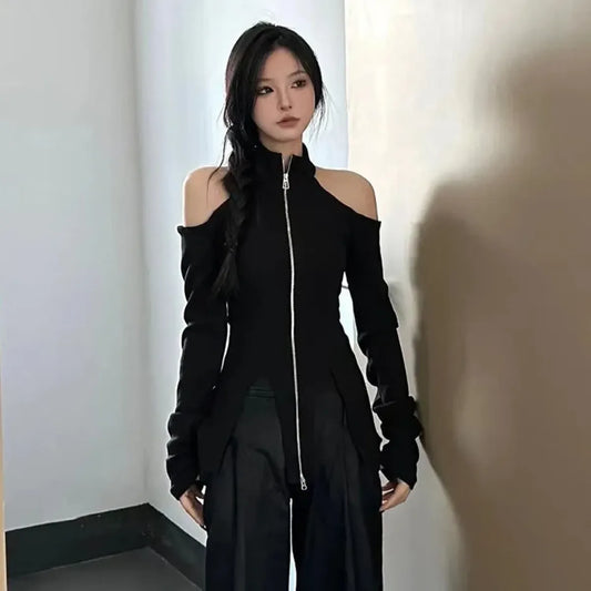 Y2K Off-Shoulder Zipper Halter Knit Top - Harajuku Style - Halter Top - 1