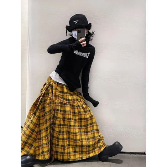 Harajuku Yellow Plaid Maxi Skirt - Bottoms - Skirts - 1