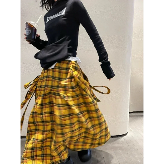 Harajuku Yellow Plaid Maxi Skirt - Bottoms - Skirts - 2