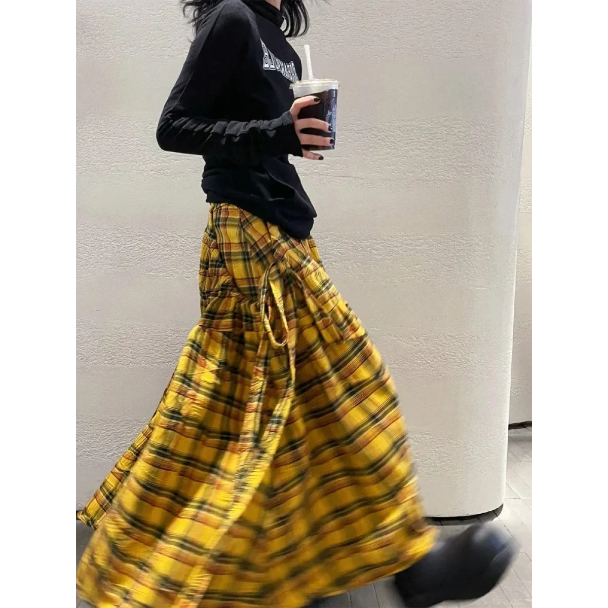 Harajuku Yellow Plaid Maxi Skirt - Bottoms - Skirts - 3