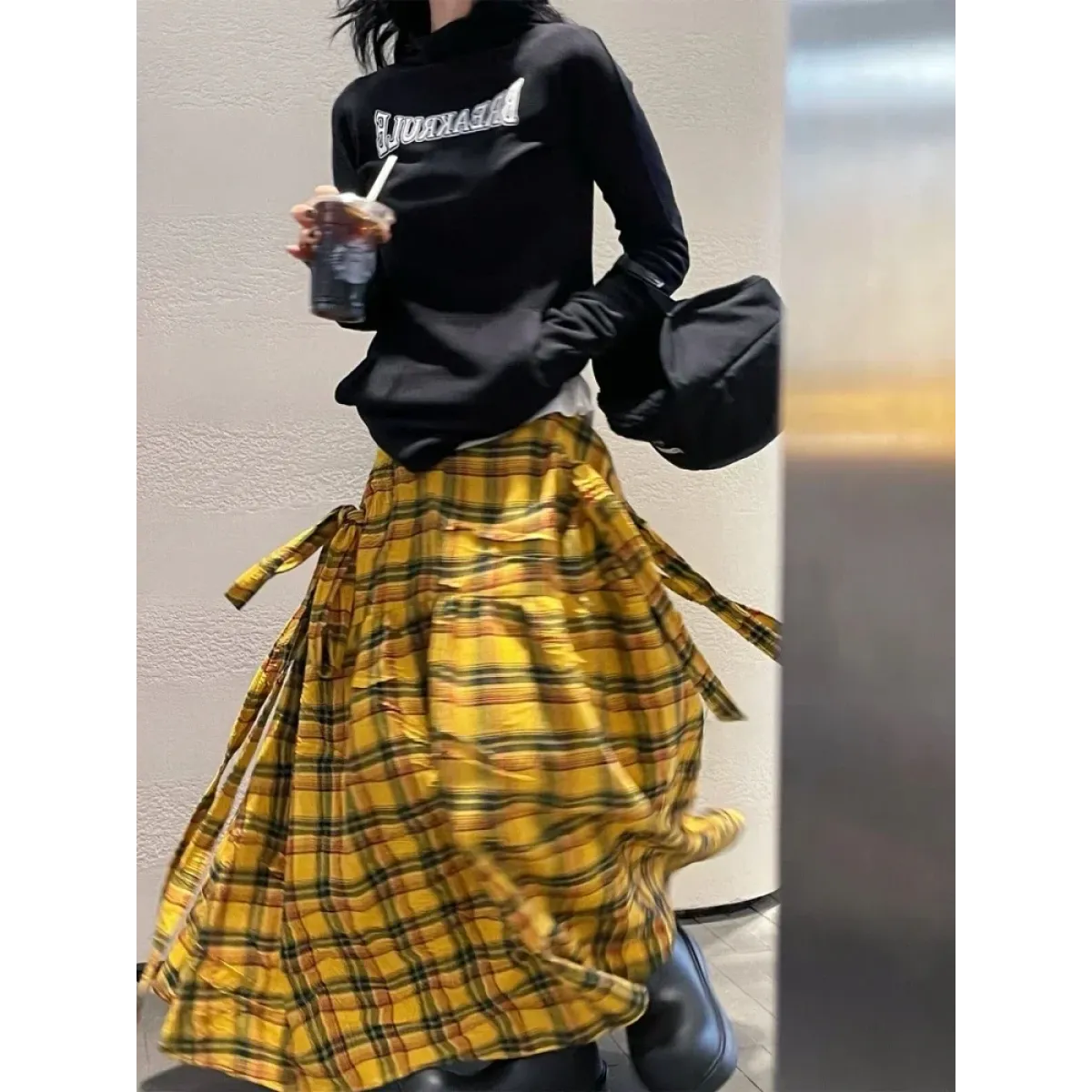 Harajuku Yellow Plaid Maxi Skirt - Bottoms - Skirts - 4