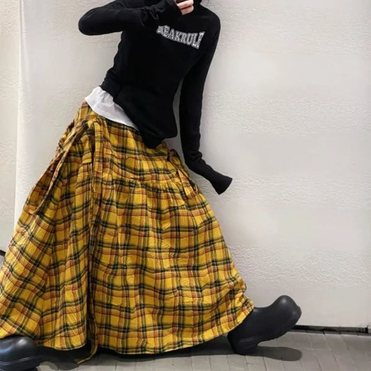 Harajuku Yellow Plaid Maxi Skirt - Bottoms - Skirts - 7