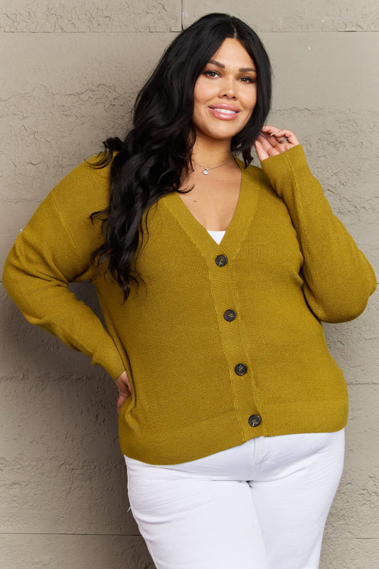 Kiss Me Tonight Full Size Button Down Cardigan in Chartreuse - Kawaii Stop - Black Friday, Cardigan, Cardigans, Everyday Elegance, Fashion and Comfort, Functional Buttons, Ribbed Texture, Ship from USA, Solid Cardigan, V-Neck, Versatile Styling, Women's Clothing, Zenana