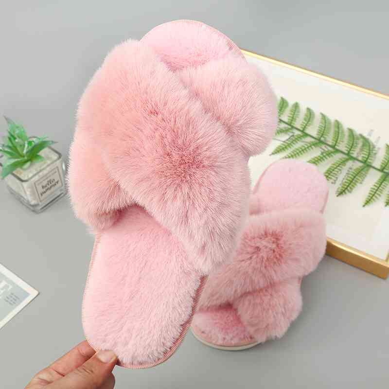 Faux Fur Crisscross Strap Slippers - Kawaii Stop - Cozy Comfort, Crisscross Strap, Faux Fur, Flats, Imported, J.Y.D, Luxurious Feel, Relaxation at its Best, Ship From Overseas, Shipping Delay 09/29/2023 - 10/03/2023, Slippers, TPR Sole, Warmth and Style