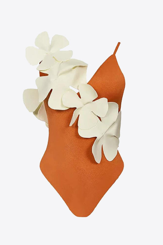 Flower Contrast One-Piece Swimsuit - Kawaii Stop - Applique Detail, Beach Swimwear, Comfortable Fit, Contrast Design, Flower Contrast One-Piece Swimsuit, One Piece Swimsuit, One Piece Swimsuits, Plunge Neckline, Ship From Overseas, Shipping Delay 09/29/2023 - 10/04/2023, Z&Y