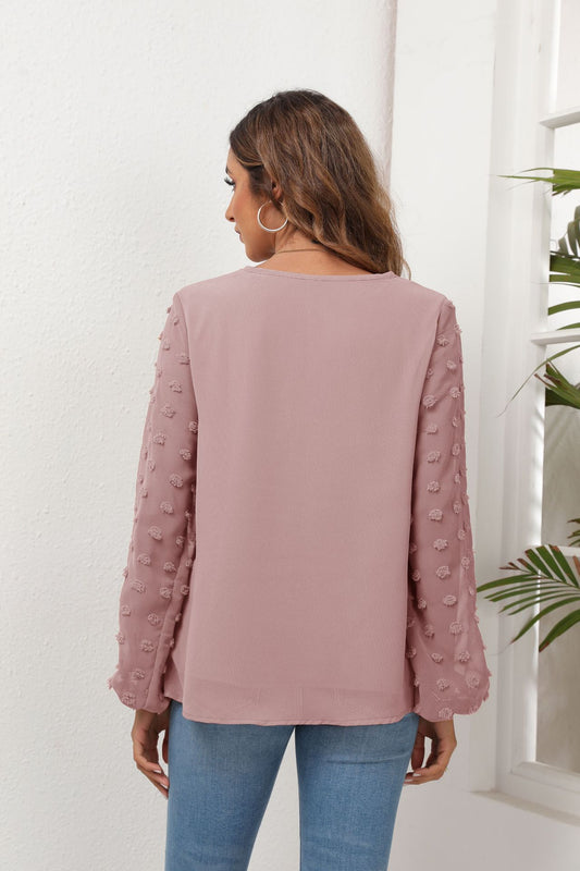 Swiss Dot Balloon Sleeve Blouse - Kawaii Stop - 100% Polyester, AYL, Balloon Sleeve Blouse, Casual Elegance, Long Sleeves, Luxurious, Machine Washable, Office Chic, Opaque, Refined Fashion, Ship From Overseas, Shipping Delay 09/29/2023 - 10/03/2023, Sophisticated Style, Statement Piece, Stylish Evening, Swiss Dot, T-Shirt, T-Shirts, Tee, Timeless Charm, Tumble Dry, V-Neck, Women's Clothing, Women's Top
