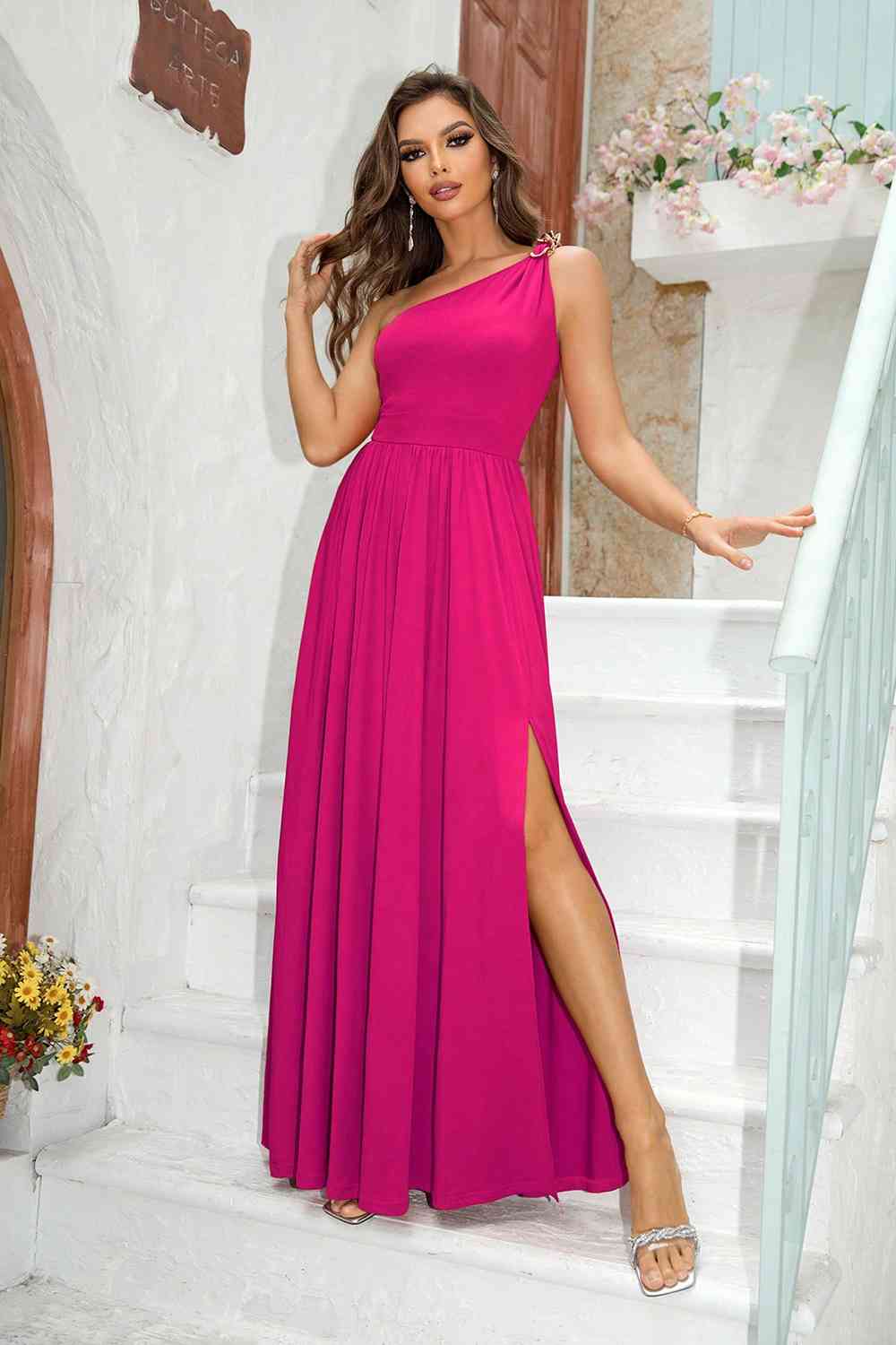One-Shoulder Split Maxi Dress - Kawaii Stop - Alluring Look, Christmas, Effortless Beauty, Elegant Fashion, Imported Dress, Maxi Dress, One-Shoulder, Ringing-N, Ship From Overseas, Special Occasion, Standout Elegance, Stretchy Fabric, Sultry Style, Thigh-High Split, Women's Clothing