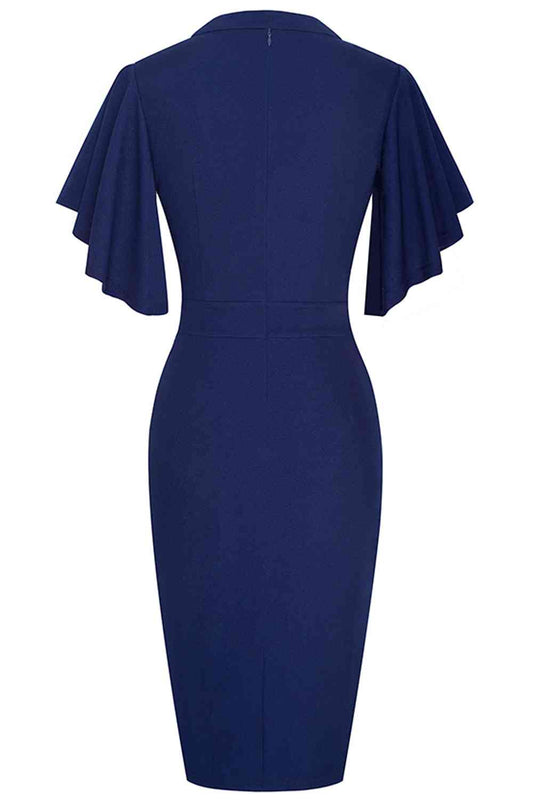 Notched Neck Flutter Sleeve Pencil Dress - Kawaii Stop - A&Y.S, Chic Ensemble, Classy and Elegant, Classy Style, Dress Up for Special Occasions, Fashion Forward, Flutter Sleeve Fashion, Knee Length Dress, Must-Have Dress, Pencil Dress, Ship From Overseas, Stylish Outfit, Timeless Elegance, Trendy Attire, Wardrobe Essential, Women's Fashion