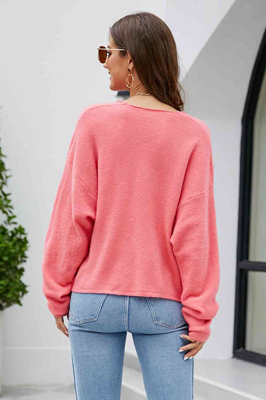 V-Neck Drop Shoulder Long Sleeve Knit Top - Kawaii Stop - Hoodies &amp; Sweatshirts, Imported Fashion, Knit Top, Long Sleeve, Ship From Overseas, Stretchy Material, V-Neck, Women's Fashion, X.X.W