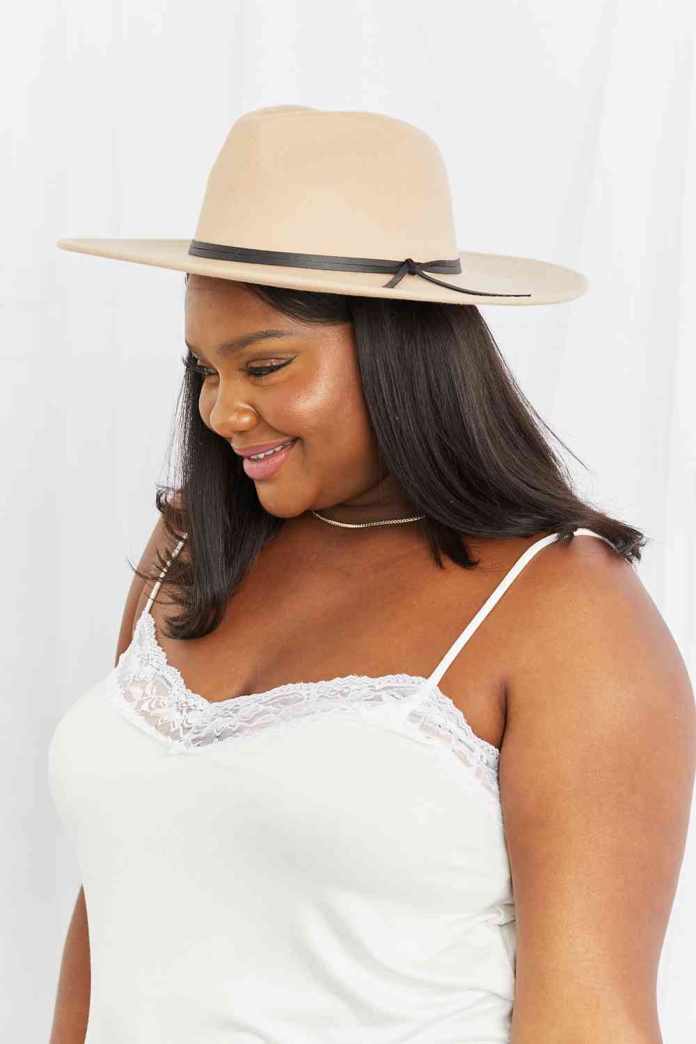 Make It Work Fedora Hat - Kawaii Stop - Adjustable Straps, Beige Color, Chic and Sophisticated, Fame Accessories, Faux Leather Knot, Fedora Hat, Imported Quality, Modern Twist, Ship from USA, Stylish Headwear, Timeless Elegance, Versatile Fashion, Wool PU Blend