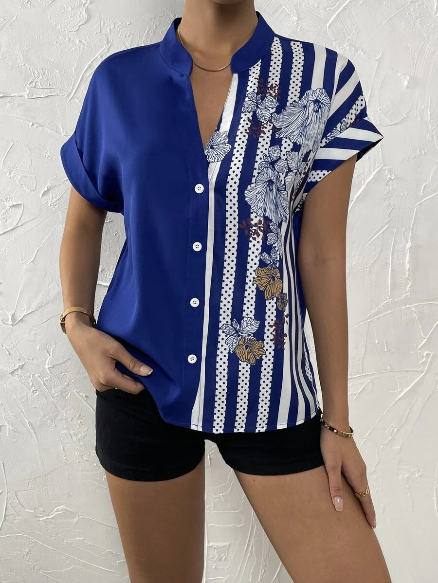 Contrast Color Buttoned Shirt - Kawaii Stop - Buttoned Details, Comfortable Fit, Contemporary Fashion, Contrast Shirt, Fashionable Style, Notched Neckline, SF Knit, Ship From Overseas, Statement Piece, Striped Pattern, T-Shirt, T-Shirts, Tee, Trendy Wardrobe, Versatile Top, Women's Clothing, Women's Top