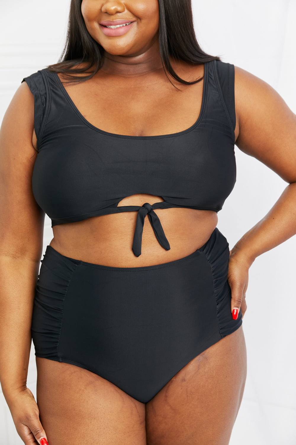 Sanibel Crop Swim Top and Ruched Bottoms Set in Black - Kawaii Stop - Beach, High Waist, Marina West Swim, Removable Padding, Retro-Inspired, Ruched Bottoms, Ship from USA, Swimwear Set, Trendy, Two-Piece Swimsuit., Women's Clothing, Women's Clothing &amp; Accessories, Women's Fashion