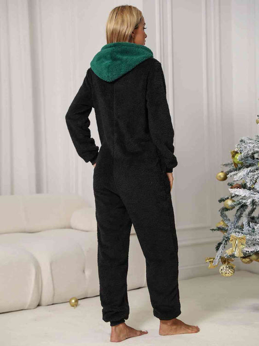 Pom-Pom Trim Zip Front Hooded Lounge Jumpsuit - Kawaii Stop - Christmas, Convenient, Cozy, Fashion, Hooded, Jumpsuit, Lounge, Loungewear, Opaque, Playful, Polyester, Pom-Pom Trim, Relaxing, San&R, Ship From Overseas, Slightly Stretchy, Soft, Trendy, Women's Fashion, Zip Front