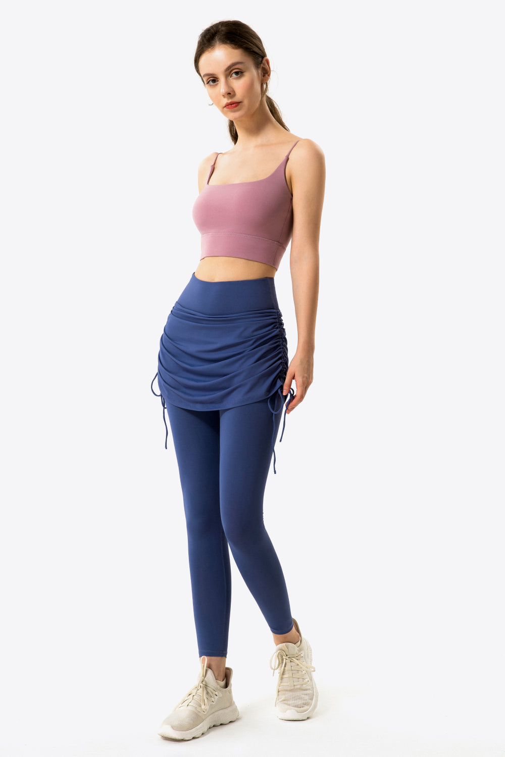 Drawstring Ruched Faux Layered Yoga Leggings - Kawaii Stop - Activewear, Comfortable Fit, Drawstring, Fitness Leggings, Leggings, Machine Washable, Modern Elegance, Polyester Blend, Ruched Design, Ship From Overseas, Solid Color, Spandex, Stylish Design, Trendy Details, Versatile Apparel, Women's Clothing, Yoga Leggings, ZJtree