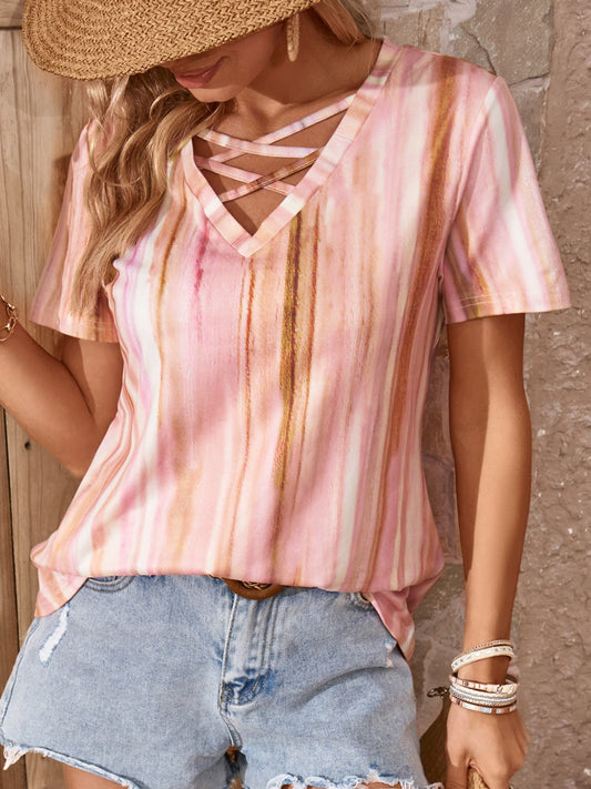 Tie-Dye Crisscross V-Neck Top - Kawaii Stop - Bigh, Casual Style, Everyday Wear, Fashion, Laid-Back Fashion, Multicolored, Playful, Polyester, Ship From Overseas, Shipping Delay 09/29/2023 - 10/03/2023, T-Shirt, T-Shirts, Tee, Trendy, Unique Style, V-Neck, Vibrant, Women's Clothing, Women's Top