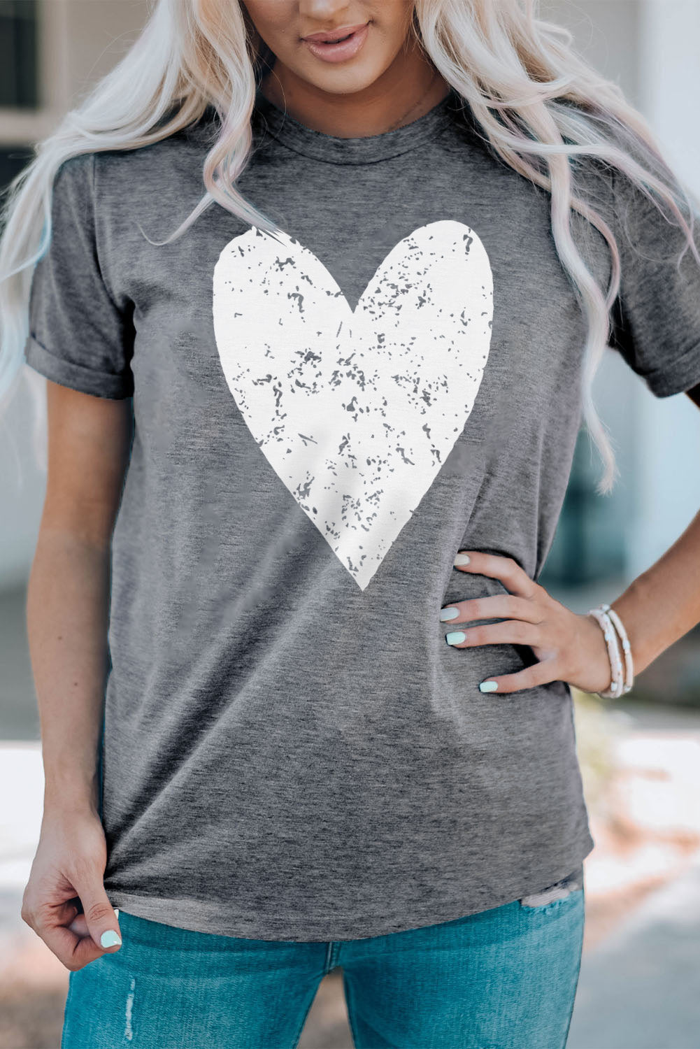 Heart Graphic Cuffed Short Sleeve Tee - Kawaii Stop - Casual Chic, Comfortable, Everyday Wear, Graphic Tee, Heart Design, Ship From Overseas, Short Sleeve, Stretchy Material, Stylish, SYNZ, T-Shirt, T-Shirts, Tee, Trendy Look, Wardrobe Essential, Women's Clothing, Women's Top