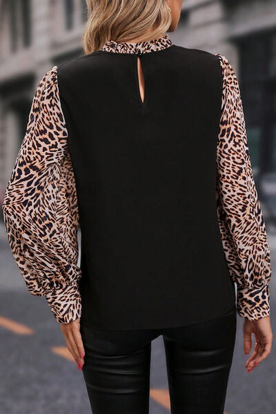 Leopard Mock Neck Lantern Sleeve Blouse - Kawaii Stop - Animal Print, Bold and Chic, Bold Attire, Comfortable Blouse, Early Spring Collection, Effortless Style, Everyday Elegance, Fashion Forward, Fierce Look, Lantern Sleeve Style, Luxurious Feel, Opaque Material, Ship From Overseas, Shipping delay February 8 - February 16, Statement Attire, SYNZ, Women's Fashion