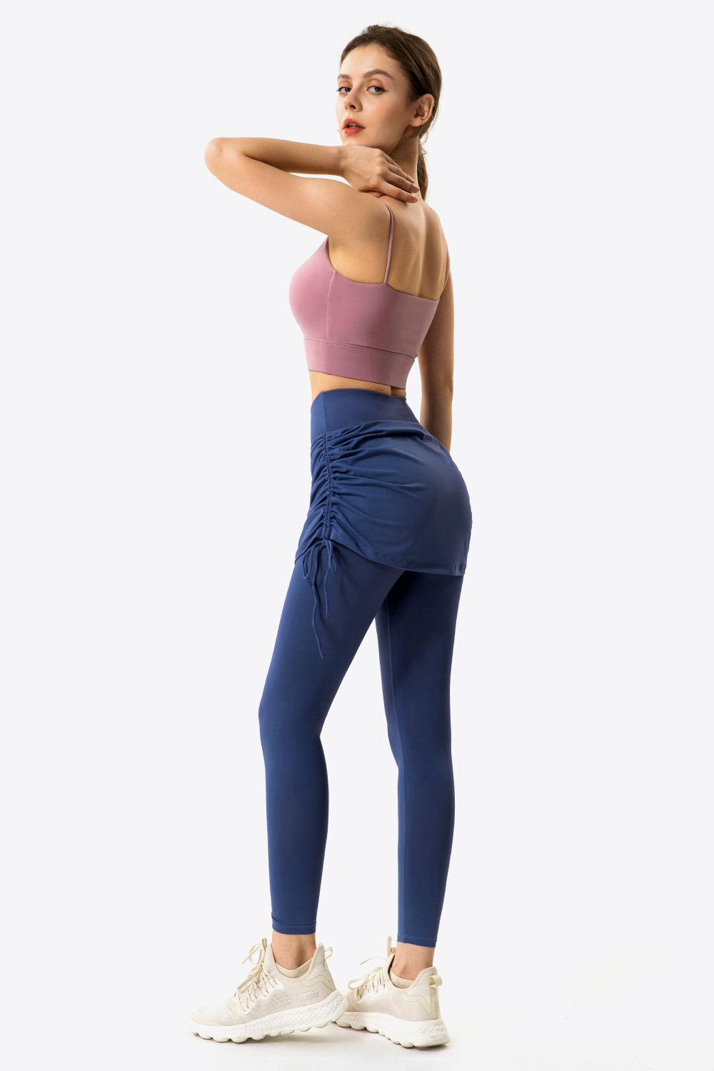 Drawstring Ruched Faux Layered Yoga Leggings - Kawaii Stop - Activewear, Comfortable Fit, Drawstring, Fitness Leggings, Leggings, Machine Washable, Modern Elegance, Polyester Blend, Ruched Design, Ship From Overseas, Solid Color, Spandex, Stylish Design, Trendy Details, Versatile Apparel, Women's Clothing, Yoga Leggings, ZJtree