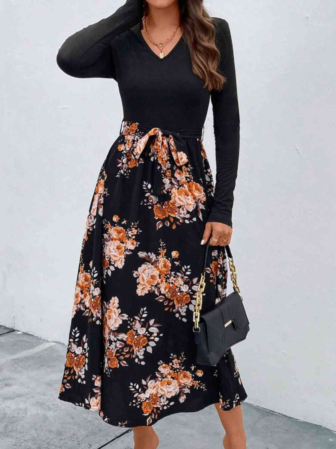 Floral V-Neck Long Sleeve Dress - Kawaii Stop - Classic Style, Fashion Forward, Floral Pattern, Heeled Ankle Boots, Individual Style, Opaque Fabric, Polyester Blend, S&M&Y, Ship From Overseas, Sophisticated Dress, Statement Belt, Stylish Look, Timeless Beauty, Unique Dress, Uniquely Elegant, V-Neck Design, Women's Fashion