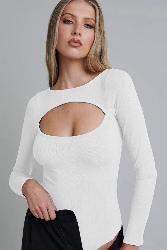 Cutout Ribbed Long Sleeve Bodysuit - Kawaii Stop - Bodysuit, Bodysuits, Chic Style, Comfortable Wear, Confidence Booster, Cutout Design, Effortless Elegance, Everyday Fashion, Fashion-Forward, Fashionable Chic, Form-Fitting, Long Sleeves, MDML, Night Outfit, Rayon Blend, Ribbed Bodysuit, Round Neck, Semi-Sheer, Ship From Overseas, Shipping Delay 09/29/2023 - 10/02/2023, Sleek Fit, Sophisticated Style, Statement Piece, Trendy Bodysuit, Versatile Bodysuit