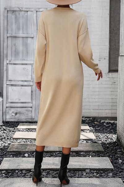 Decorative Button Notched Dropped Shoulder Sweater Dress - Kawaii Stop - Comfortable, Confidence Booster, Decorative Button, Easy Care, Everyday Elegance, Notched Design, Ship From Overseas, Shipping delay February 3 - February 16, Stretchy, Stylish, Sweater Dress, T@D, Unique Details, Women's Fashion