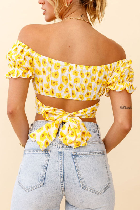 Flower Print Ruffle Trim Off-Shoulder Back Tie Blouse - Kawaii Stop - Back Tie, Blouse, Blouses, Chic Style, Classic Fit, Cropped Length, Easy Care, Fashion, Floral Pattern, MDML, Off-Shoulder, Polyester, Ruffle Trim, Ship From Overseas, Shipping Delay 09/29/2023 - 10/02/2023, Wardrobe Essential, Women's Clothing