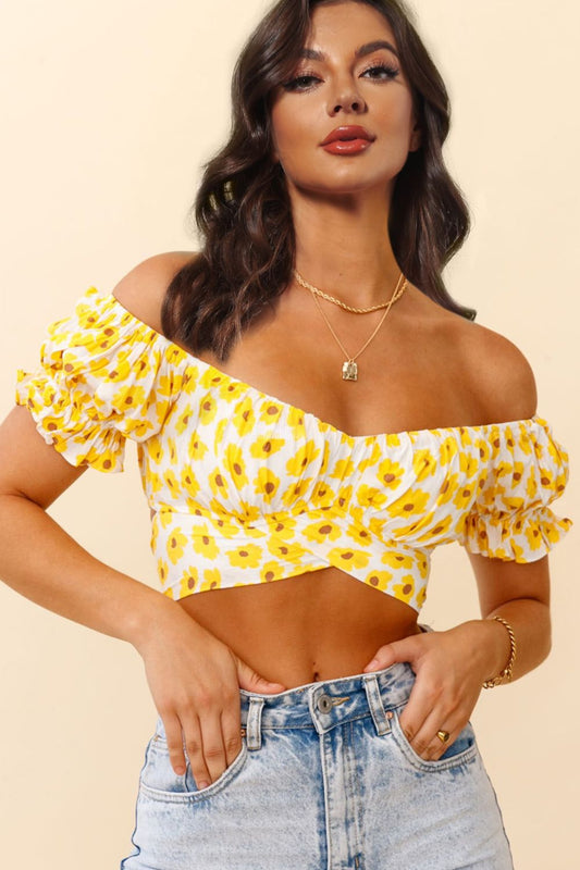 Flower Print Ruffle Trim Off-Shoulder Back Tie Blouse - Kawaii Stop - Back Tie, Blouse, Blouses, Chic Style, Classic Fit, Cropped Length, Easy Care, Fashion, Floral Pattern, MDML, Off-Shoulder, Polyester, Ruffle Trim, Ship From Overseas, Shipping Delay 09/29/2023 - 10/02/2023, Wardrobe Essential, Women's Clothing