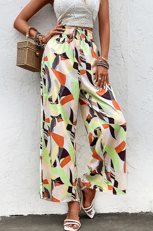 Printed Smocked Waist Wide Leg Pants - Kawaii Stop - Abstract, Capris, Casual, Comfortable, Everyday Fashion, Fashion, Imported, Pants, Polyester, Printed, Romantichut, Ship From Overseas, Shipping Delay 09/29/2023 - 10/04/2023, Smocked Waist, Style, Wide Leg Pants, Women's Clothing