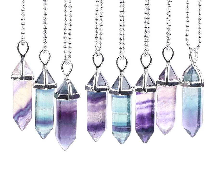 Colorful Fluorite Quartz Necklace - Kawaii Stop - 1.61 x 0.47 x 0.47 inch, 4.1 x 1.2 x 1.2 cm, Blue, Cute, Fashion, Harajuku, Japanese, Kawaii, Korean, Light Blue, Natural Fluorite, Necklaces, Pendulum Amulet, Purple, Streetwear, Unisex, White, Women's Jewelry, Zinc Alloy