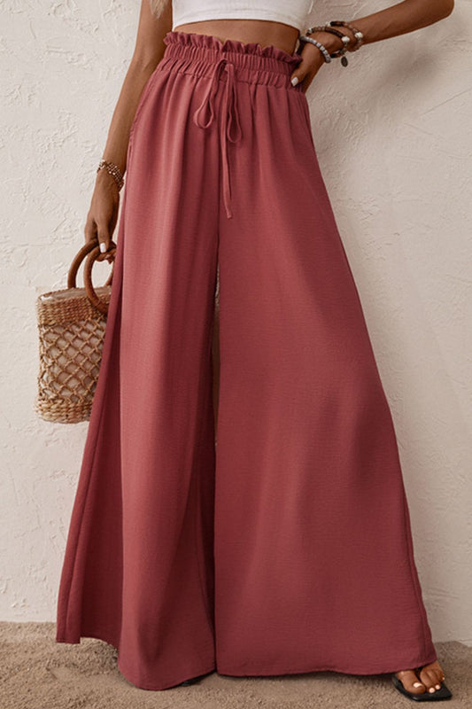 Smocked Paperbag Waist Wide Leg Pants - Kawaii Stop - Capris, Casual, Comfortable, Elastane, Everyday Fashion, Fashion, Frill, Hundredth, Imported, Pants, Paperbag Waist, Polyester, Ship From Overseas, Smocked, Style, Tie, Versatile, Wardrobe Essential, Wide Leg Pants, Women's Clothing