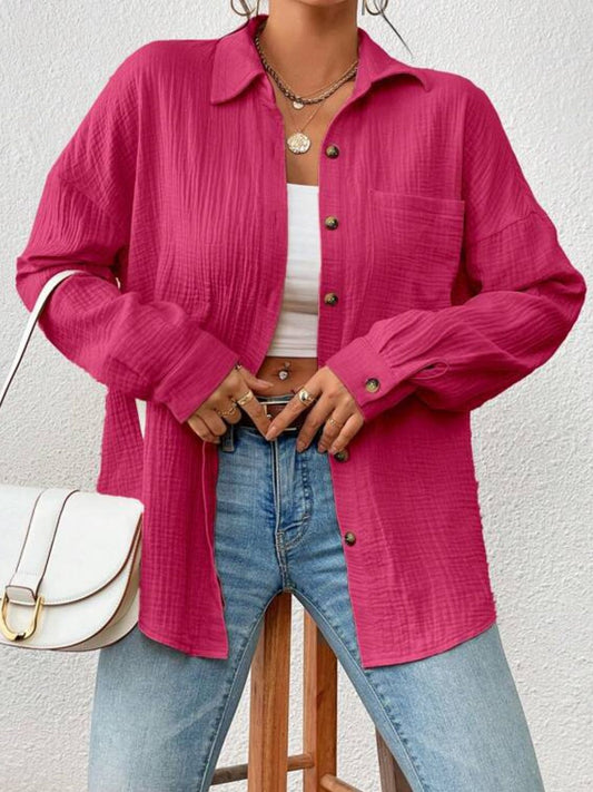 Textured Drop Shoulder Shirt Jacket - Kawaii Stop - Breathable Fabric, Buttoned Closure, Casual Style, Classic Fit, Drop Shoulder, Easy Care Instructions, High-Quality Material, Opaque Material, Ship From Overseas, Shipping Delay 09/29/2023 - 10/03/2023, Shirt Jacket, Textured Finish, Versatile Jacket, Women's Wardrobe Essentials, Womens Jackets, Y@L@Y