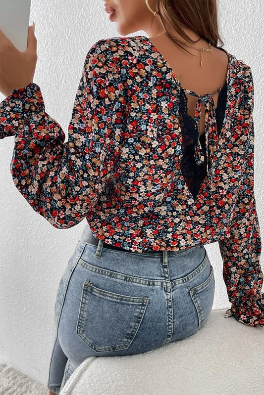 V-Neck Printed Long Sleeve Blouse - Kawaii Stop - Blouse, Blouses, Fashion, Floral Print, Flounce Sleeves, Polyester, Ship From Overseas, Sophisticated, SYNZ, V-Neck, Versatile, Wardrobe Essentials, Women's Clothing